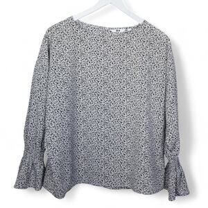 Uniqlo Floral Blouse Peasant Sleeve Cream Black Cottagecore - Size L